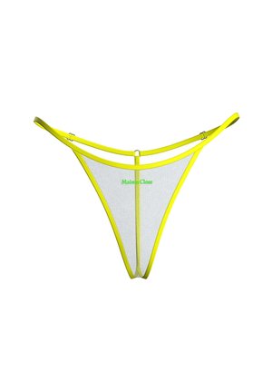 Tanga en résille jaune avec fines bretelles ajustables et logo vert "Maison Close" centré sur le panneau avant.
