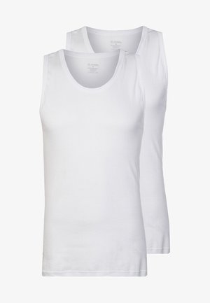 Camisetas de algodón blancas sin mangas con escote redondo, que muestran una textura suave y un diseño sencillo, presentadas como un par.