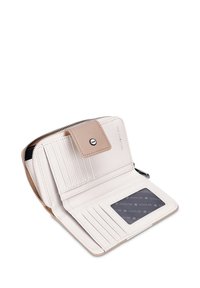 Peněženka na zip v měkké krémové a světlounce hnědé kůži, se sloty na karty, průhledným oknem na ID a obdélníkovým tvarem s akcentem loga.