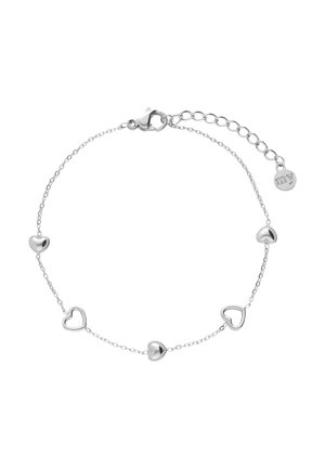 Zartes Armband aus Silberkette mit fünf wechselnden, festen und offenen Herzanhängern, Karabinerverschluss und verstellbarer Verlängerungskette mit "my"-Anhänger.