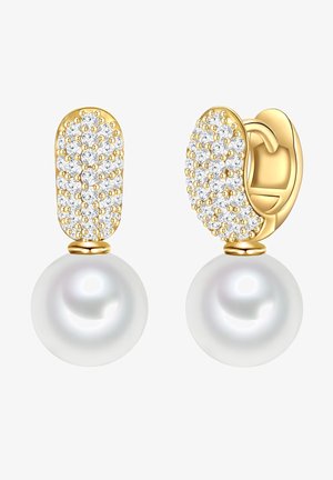 Pendientes de oro con una parte superior de circonita cúbica brillante y una perla blanca redonda y lisa colgante. Superficie pulida con un acabado brillante.