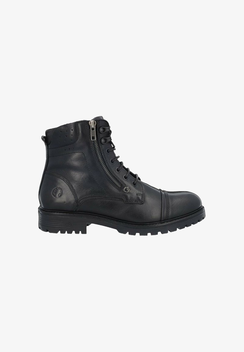 Botas de tobillo de cuero negro con punta redonda, incorporando un zipper lateral, cordones en la parte delantera, acentos texturizados y suela resistente.