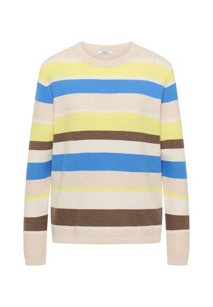 Maglione a maniche lunghe con scollo rotondo e righe orizzontali nei colori beige, blu, giallo, marrone e bianco, con etichetta "CECIL" all'interno del colletto.
