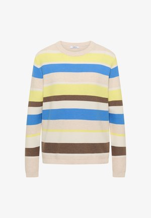 Maglione a maniche lunghe con scollo rotondo e righe orizzontali nei colori beige, blu, giallo, marrone e bianco, con etichetta "CECIL" all'interno del colletto.