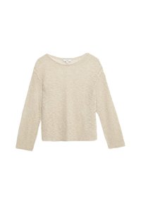 Pull en tricot beige clair, col large, manches longues, coupe décontractée, tissu texturé et légère côte au bas et aux poignets.