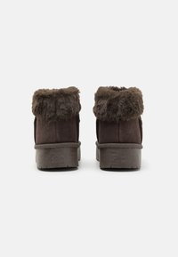 Bottines à la cheville en suède marron foncé, avec un revers en fausse fourrure douce et une semelle en caoutchouc texturée. La vue arrière montre la forme arrondie.