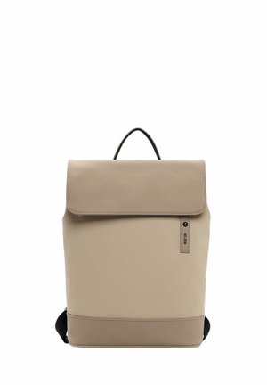 Beige backpack with a minimalist design, made of smooth synthetic material, featuring a flap closure and a front pocket with logo details.