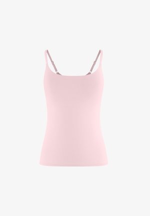 Jasnoróżowa dopasowana koszulka na cienkich, regulowanych ramiączkach, bezszwowa, z kwadratowym dekoltem.