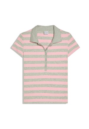 Pruhované polokošile s šedými a pastelově růžovými barvami, límcem a třemi knoflíky. Vyrobená z měkké látky s krátkými rukávy.