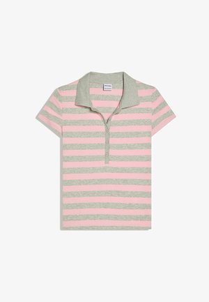 Gestreiftes Poloshirt in Grau und Pastellrosa, mit Kragen und 3-Knopf-Leiste. Hergestellt aus weichem Stoff mit kurzen Ärmeln.