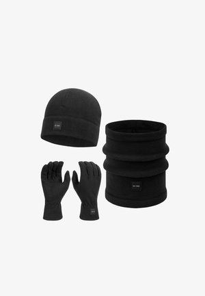 Schwarzes Fleece-Winterset besteht aus einer Mütze, Handschuhen und einem Halswärmer. Es zeichnet sich durch eine glatte Textur und ein Logopatch auf jedem Teil aus.