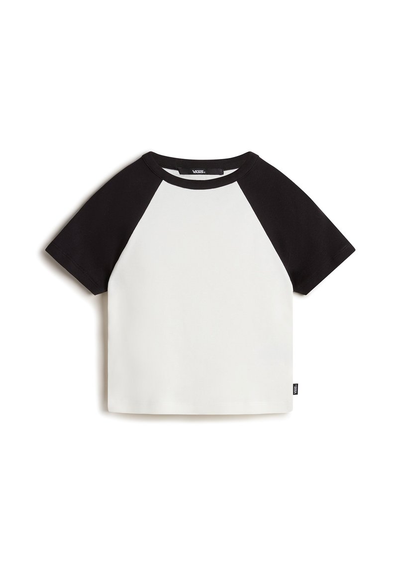 Short-sleeve T-shirt with a white body and black raglan sleeves. Made of cotton, features a crew neckline and a small logo tag on the hem.