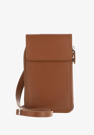 Braune Leder-Umhängetasche mit Frontklappe, Reißverschlussdetail an der Seite und verstellbarem, am Boden aufgerolltem Riemen.