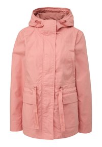 Vaaleanpunainen hupullinen takki, jossa on etukinnitys, säädettävät kiristysnauhat ja kaksi etutaskua ommelluilla yksityiskohdilla.