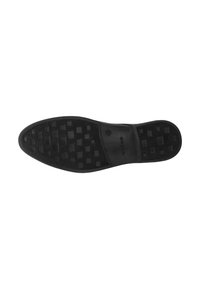 Schwarze Schuhsohle mit strukturiertem quadratischem Profilmuster, glattem Mittelteil und eingeprägtem Markennamen nahe dem Bereich des Fußgewölbes.