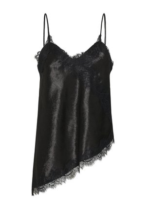 Camisole in raso nero con rifinitura in pizzo lungo la scollatura e orlo asimmetrico, con sottili spalline regolabili.
