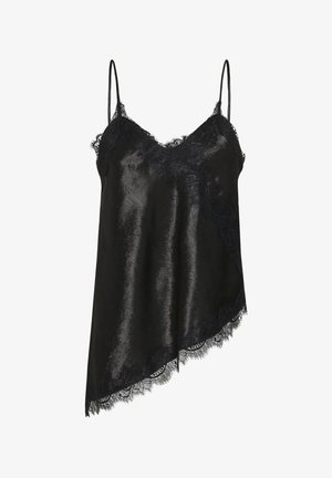 Čierna saténová košieľka so čipkovou ozdobou pozdĺž výstrihu a asymetrickým lemom, s tenkými nastaviteľnými ramienkami.