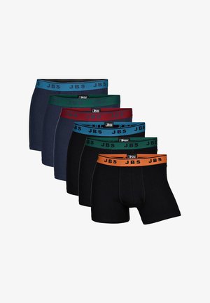 Zes paar boxershorts in zwart, marineblauw, groen, blauw en bordeauxrood. Elk heeft contrasterende taillebanden met het "JBS"-logo in het zwart.