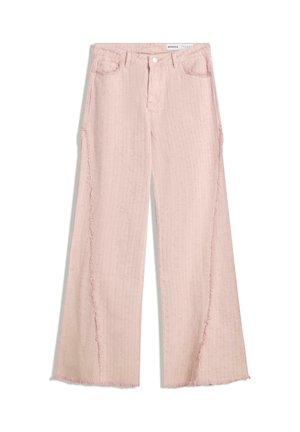 Light pink wide-leg jeans with a textured finish, fringed hem, and five-pocket design. Features a button closure and belt loops.