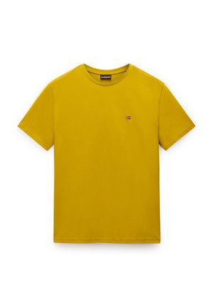 Kurze Ärmel gelbes T-Shirt mit Rundhalsausschnitt und einem kleinen gestickten Design auf der Brust. Aus weichem Baumwollstoff.