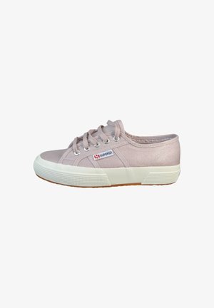 Light pink low-top canvas sneaker with white rubber sole, silver eyelets, laces, and Superga brand label on the side.