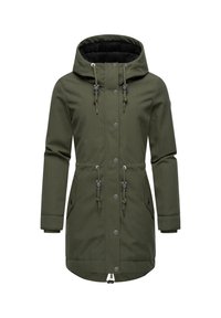 Parka verde oliva con capucha forrada de piel sintética, cierres de presión en el frente, cordones ajustables y dos bolsillos laterales. Tela suave, diseño de longitud media.