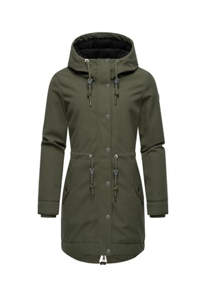 Parka verde oliva con cappuccio foderato in pelliccia sintetica, chiusure a scatto frontali, cordini regolabili e due tasche laterali. Tessuto liscio, design di lunghezza media.