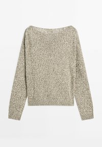 Beige en grijs gespikkelde gebreide trui met een ronde halslijn en lange mouwen, met een ontspannen pasvorm en geribde zoom en manchetten.
