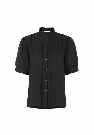 Must must lühikeste varrukatega särk, millel on kõrge volangidega krae, ees nööbitav klapp ja vertikaalsed voldid rinna ning varrukate piirkonnas.