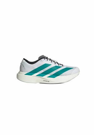 Witte sportieve schoen met teal stripe design, lichtgewicht materiaal, gestructureerde bovenkant, grijze accenten en een dikke witte zool met het label "LIGHTSTRIKE PRO."