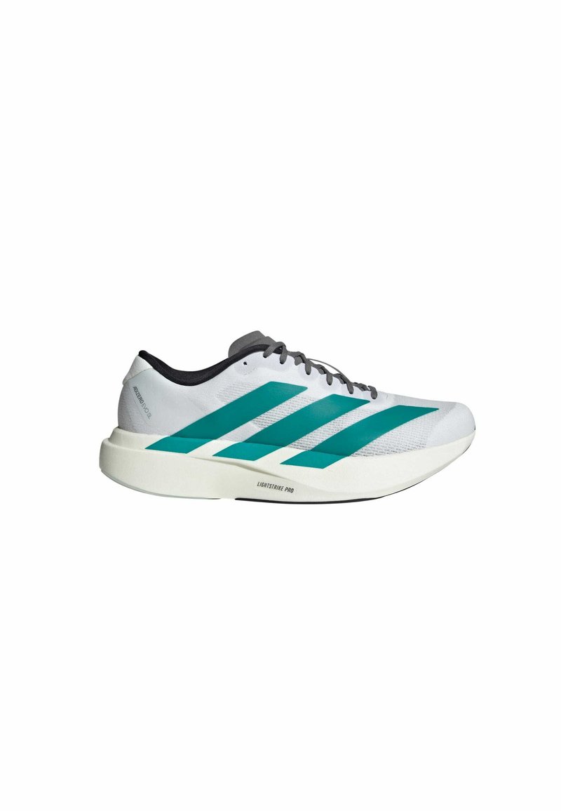 Scarpa atletica bianca con design a strisce teal, materiale leggero, superficie testurizzata, accenti grigi e una suola spessa bianca etichettata "LIGHTSTRIKE PRO."