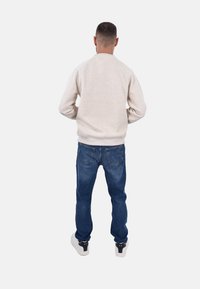 Felpa grigia chiara con colletto rotondo, abbinata a jeans in denim blu. I jeans hanno un taglio classico e tasche posteriori, con scarpe da ginnastica bianche.