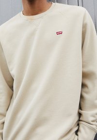 Felpa in pile beige con collo a giro, caratterizzata da un piccolo logo rosso di Levi's sul petto e polsini e orlo a costine. Texture morbida.