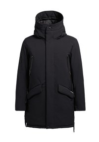 Sort isoleret parka med høj krave, hætte, lynlåslommer og dobbelte forlommer. Designet til varme med en glat tekstur.