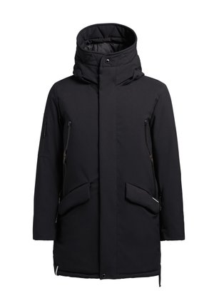 Parka aislante negra con cuello alto, capucha, bolsillos con cremallera y dos bolsillos frontales. Diseñada para el calor con una textura suave.