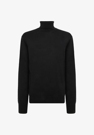 Suéter negro de cuello alto hecho de un tejido de punto suave, con mangas largas y una silueta ajustada que presenta un cuello alto.