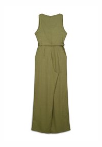 Tutina senza maniche di colore verde oliva con zip sulla schiena, vita con cintura e gambe larghe, posata piatta su uno sfondo bianco.