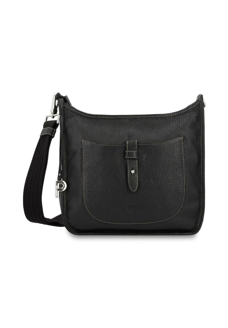 Schwarze Leder-Umhängetasche mit strukturiertem Finish, ausgestattet mit einer vorderen Tasche, die mit einem Riemen gesichert ist, Metallbeschlägen und einem verstellbaren Tragegurt.