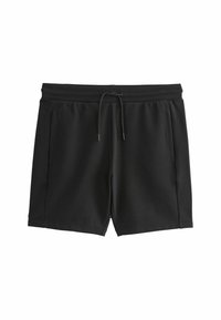 Shorts noirs en coton avec une texture lisse, une ceinture élastique et un cordon de serrage. Dotés de poches latérales et d'une coupe décontractée.