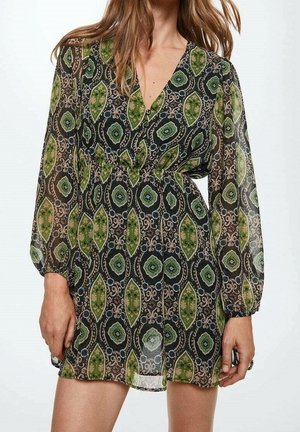 Kvinde iført en grøn og sort mønstret gennemsigtig kjole med lange ærmer og V-hals, stående mod en ensartet lys baggrund.