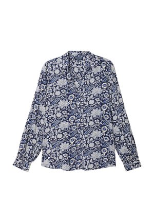 Camicia a maniche lunghe blu navy con motivo floreale bianco e azzurro chiaro. Chiusura con bottoni sul davanti, colletto e polsini arricciati.