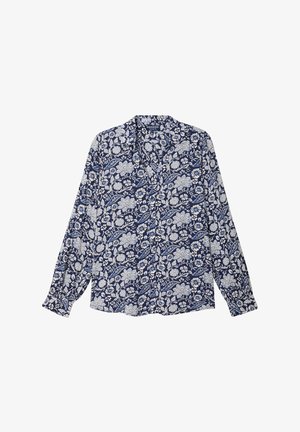 Camicia a maniche lunghe blu navy con motivo floreale bianco e azzurro chiaro. Chiusura con bottoni sul davanti, colletto e polsini arricciati.