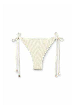 Crochet bikini bottom in off-white with tie-side straps, featuring metallic bead accents and a textured, chevron pattern.