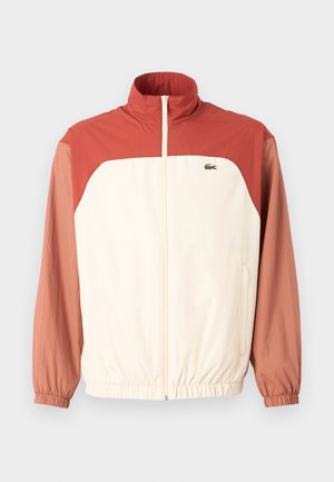 Švarkas, pagamintas iš šviesių kreminių spalvų medžiagos, su raudonai rudos spalvos rankovėmis, priekyje užtrauktuku, aukštu apykakle, elastinėmis rankogaliais ir subtiliu logotipo akcentu ant krūtinės.