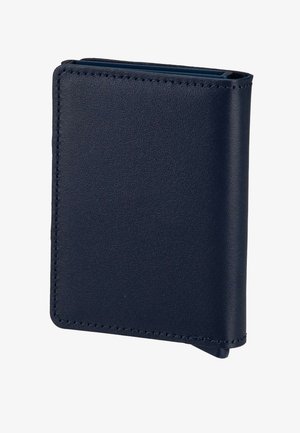 Navy blue leather wallet, featuring a smooth texture, minimalist design, rounded edges, and subtle stitching along the edges.