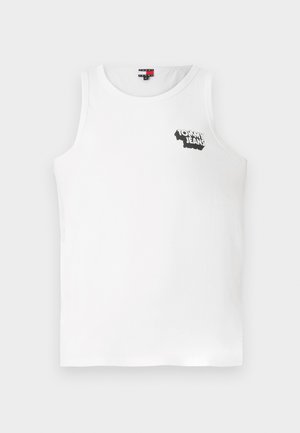 White sleeveless tank top made of cotton, featuring a black logo graphic on the left chest area. Round neckline and straight hem.