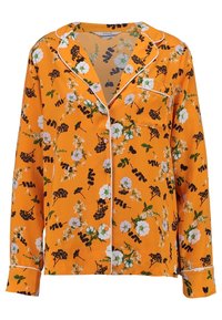 Orange Nachthemd mit Blumenmuster, das eine durchgehende Knopfleiste, eine Brusttasche und weiße Paspelierung entlang des Kragens und der Bündchen aufweist.
