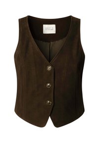 Mørkebrun ruskindsvest med V-hals, tre knapper foran og et mærke med teksten "WEST 11 PEPE JEANS LONDON."