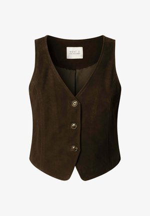 Dunkelbraune Wildlederweste mit V-Ausschnitt, drei vorderen Knöpfen und Etikett mit der Aufschrift "WEST 11 PEPE JEANS LONDON."