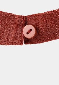 Detailní záběr načervenalohnědého pleteného pásku připevněného kulatým plastovým knoflíkem se dvěma dírkami stejné barvy.